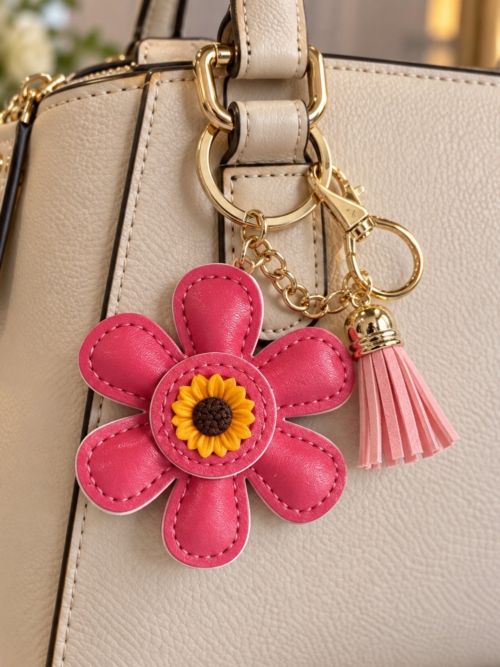 Pink Flower  Faux Leather Tassel Bag Purse Charm Keychain New